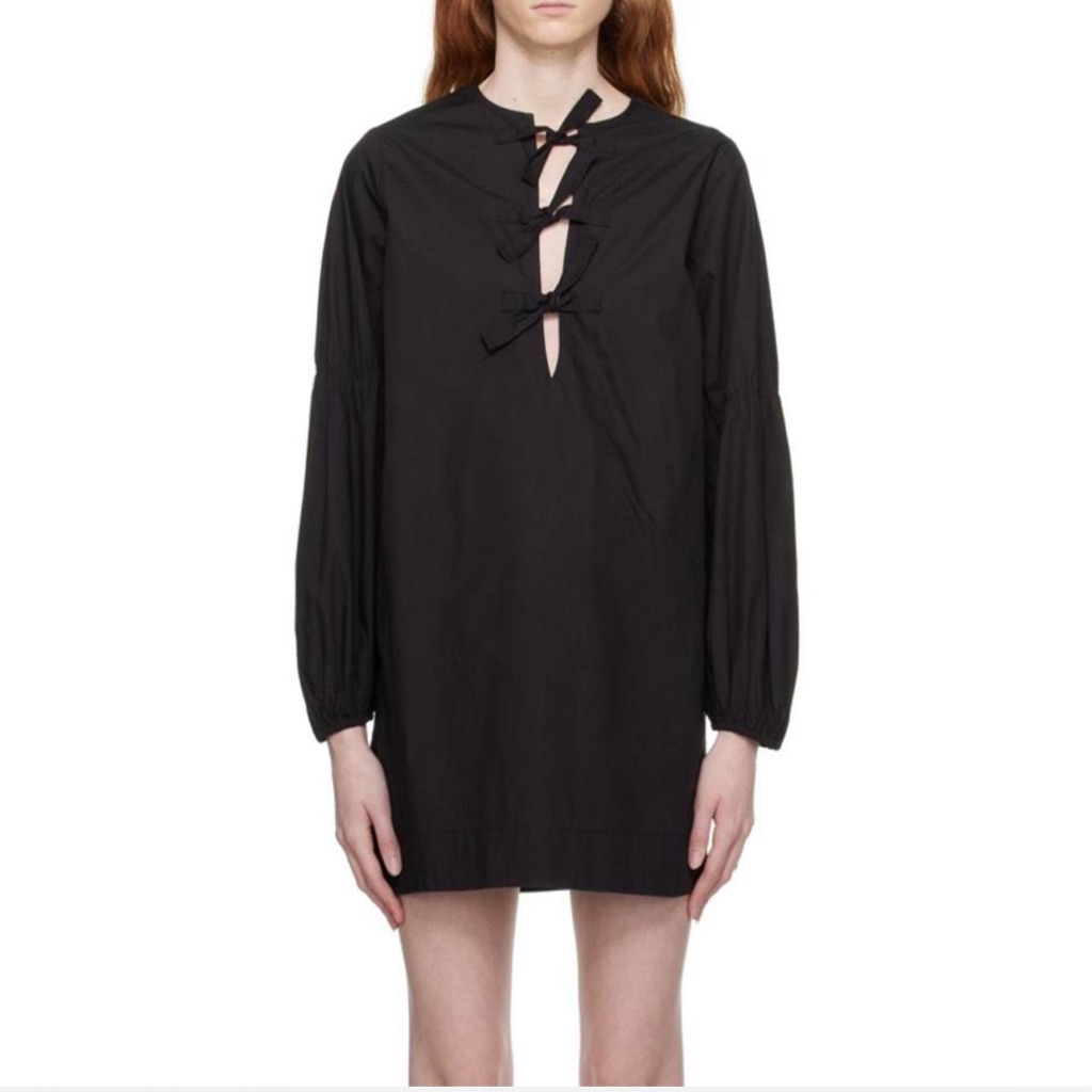 Ganni Cotton Poplin Tie String Mini Dress In Black